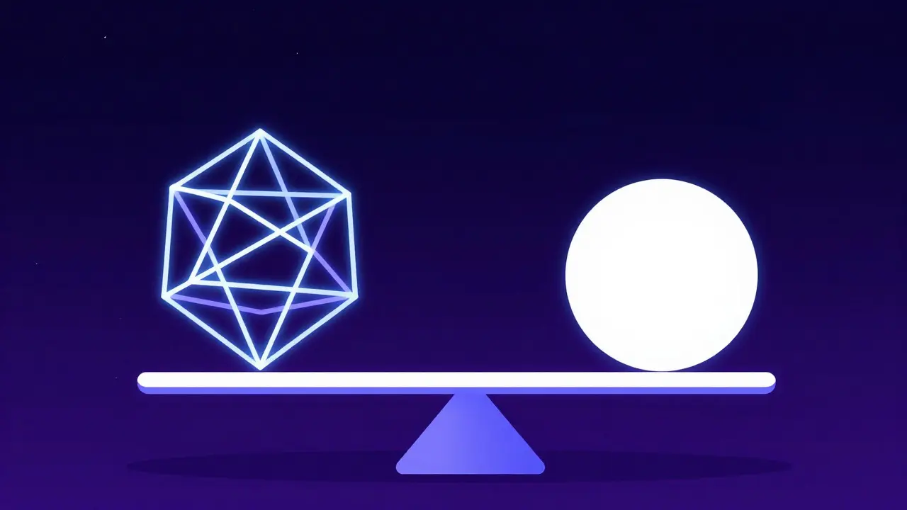 Abstract concept art showing a balance scale weighing a complex glowing shape against a simple circle