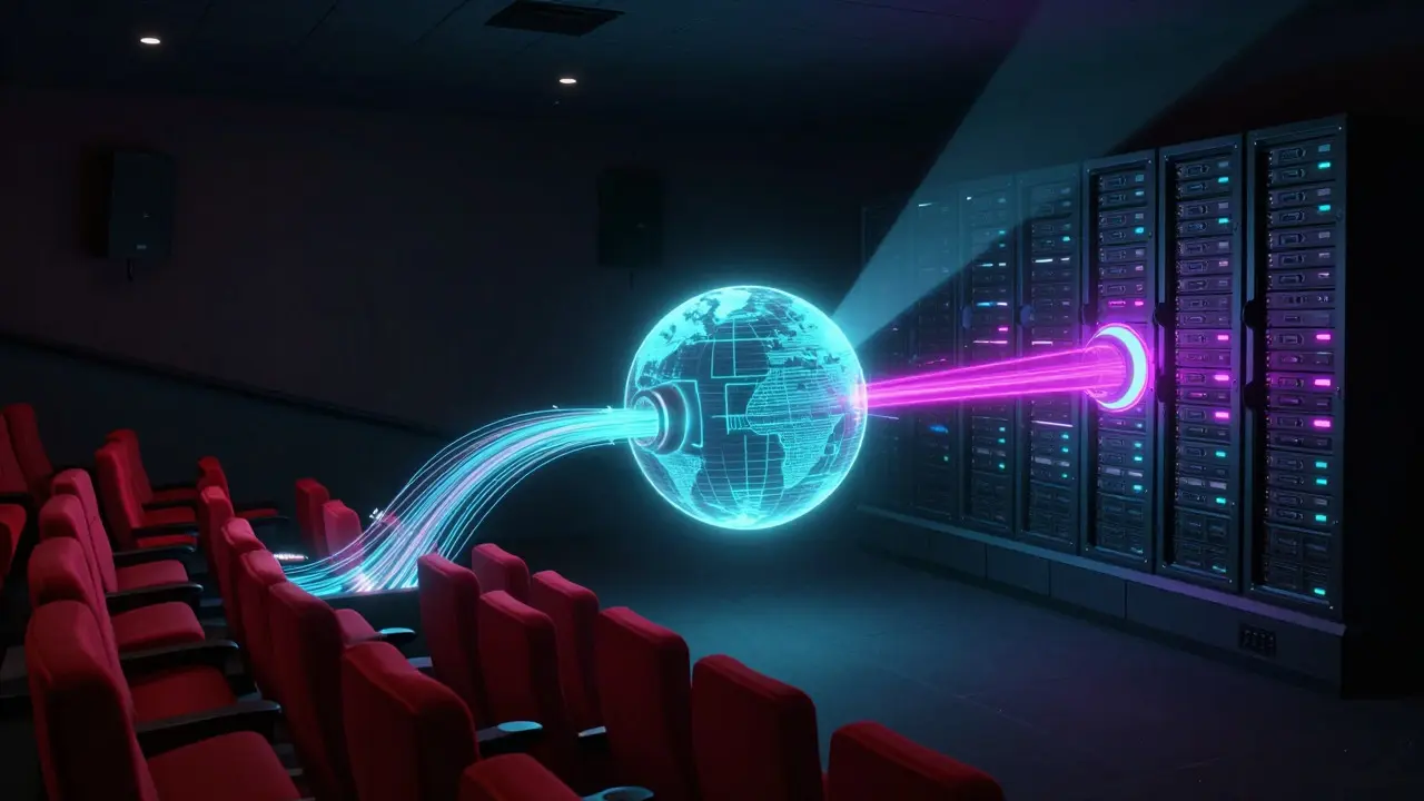 Abstract concept art showing a digital film file splitting into streams for theaters and streaming servers