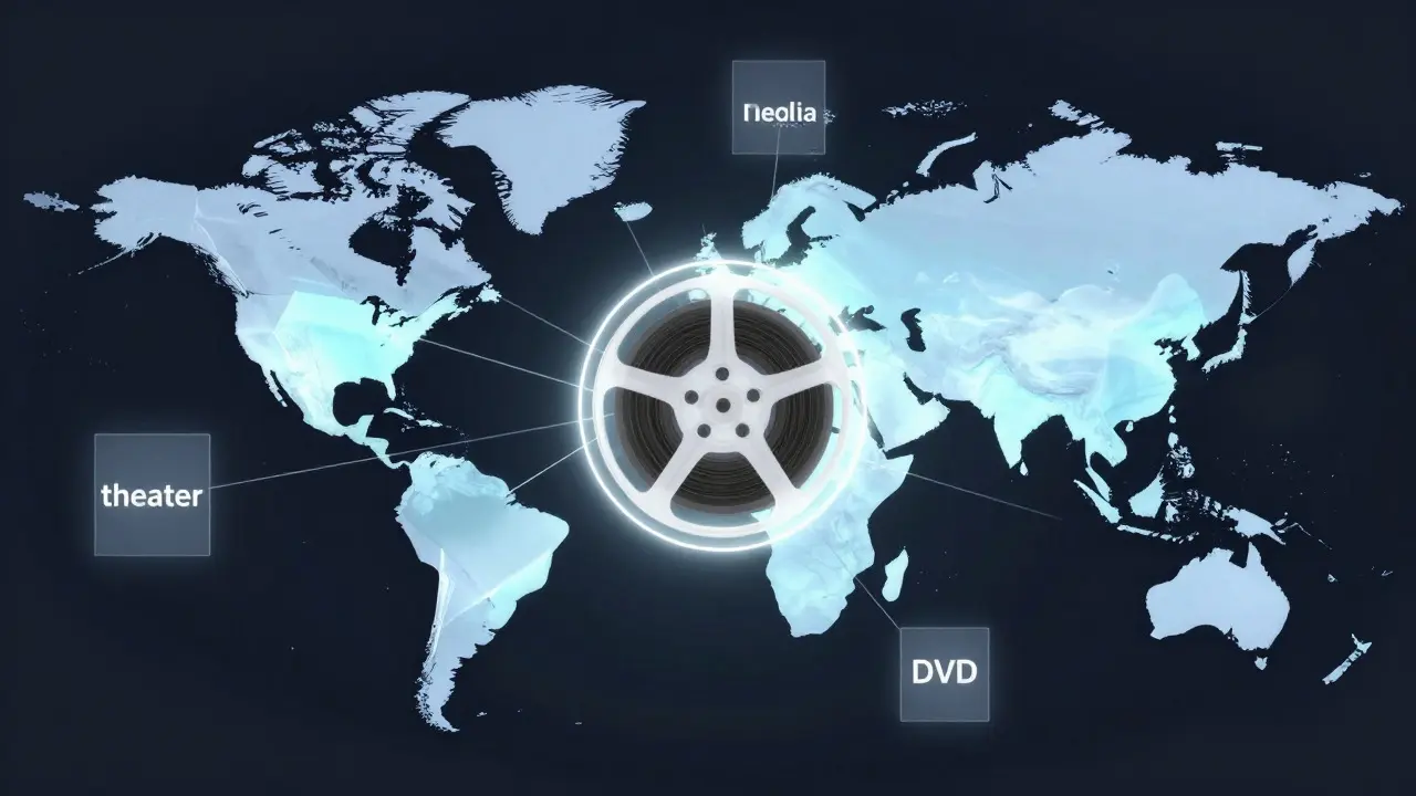 Abstract concept art showing fragmented film rights connected across global territories