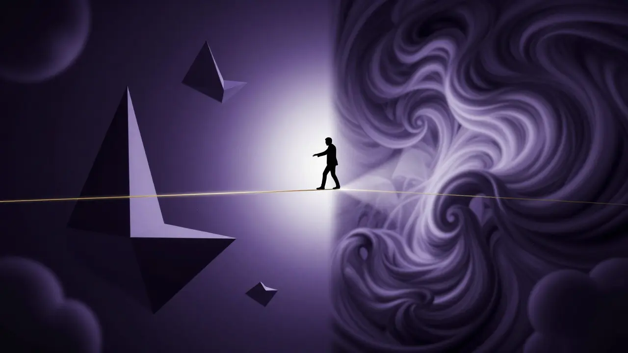 Abstract concept of a thin line separating fact and fiction with a figure balancing