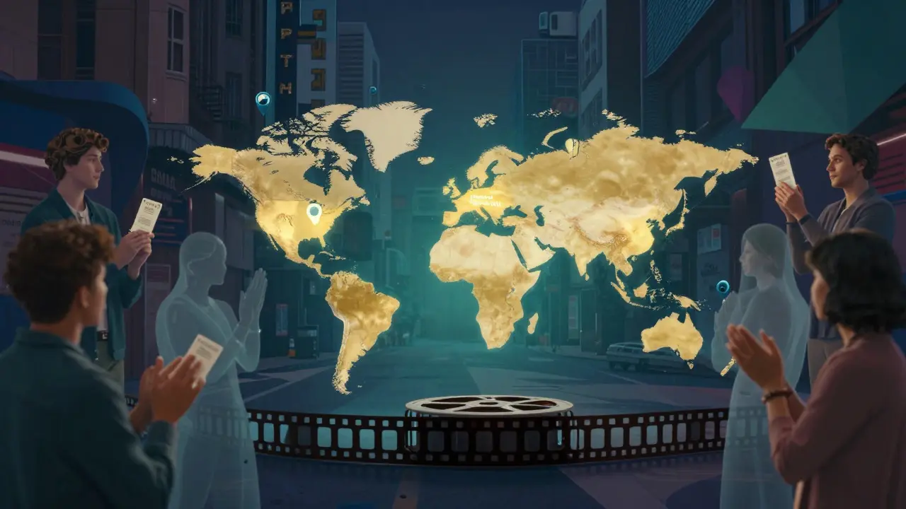 Abstract concept of global film reels connecting diverse community members