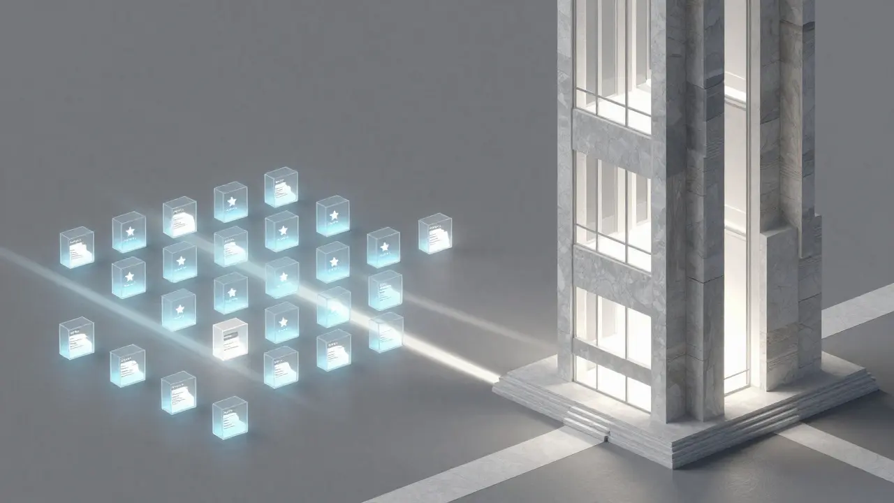 Abstract digital architecture displaying a grid of capsules and a tall feature tower