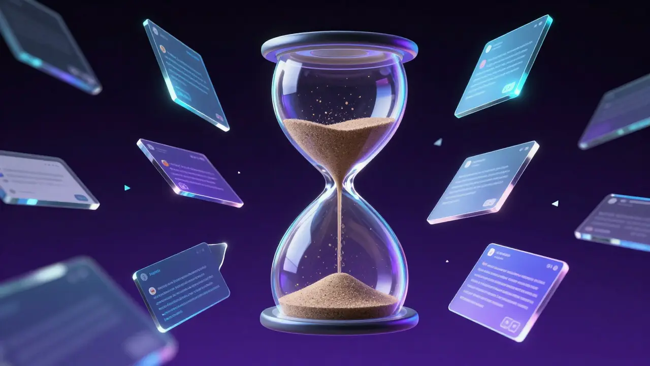 Abstract digital art of an hourglass surrounded by floating screen shards