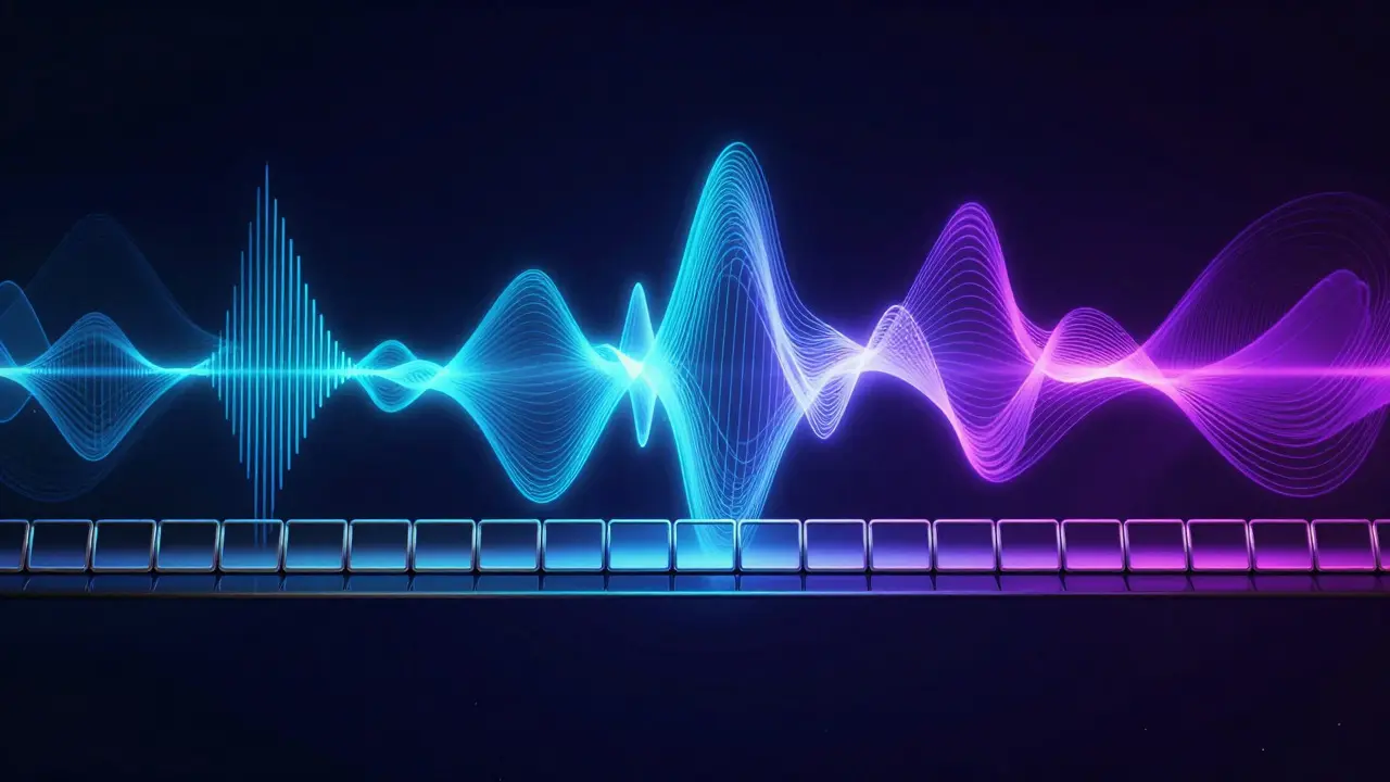 Abstract digital art of glowing sound waves merging with a metallic timeline to represent rhythmic editing