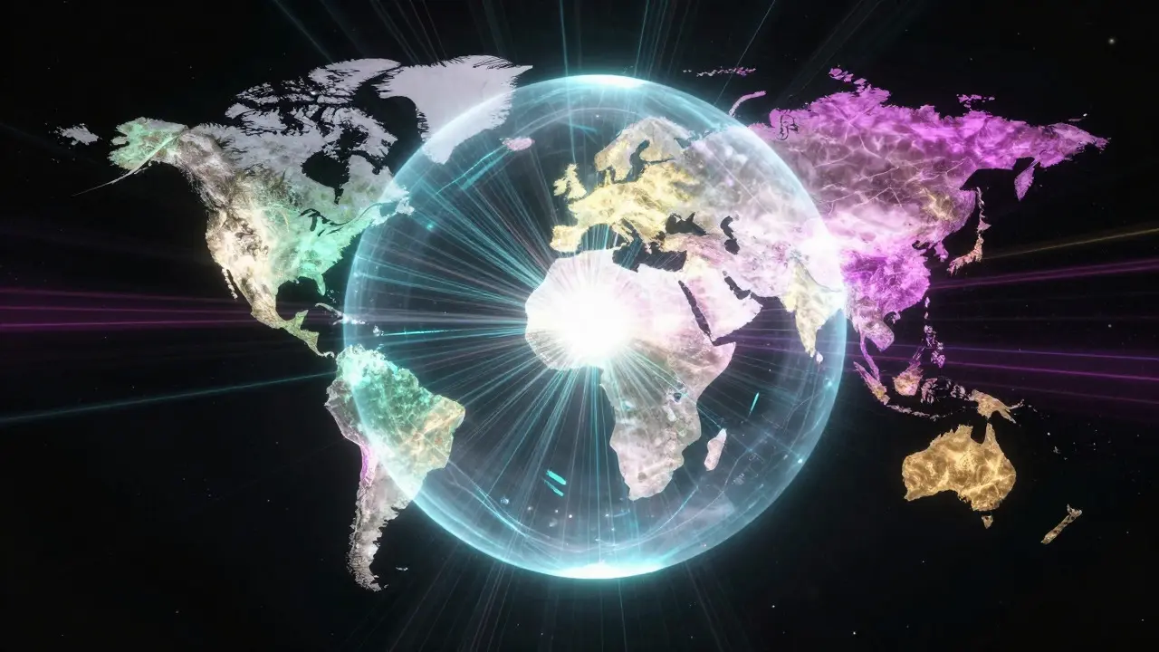Abstract digital art showing a central sphere connected to global data streams
