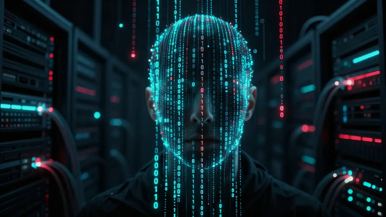 Abstract digital art showing a face obscured by floating data codes and server lights