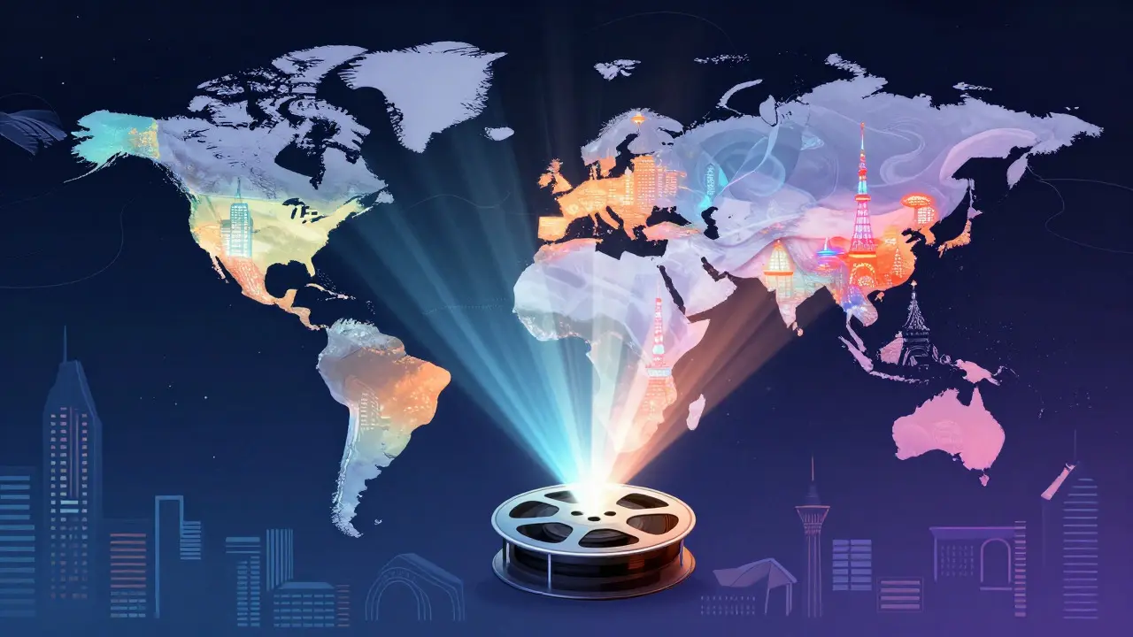 Abstract digital art showing a film reel projecting light beams connecting major global cities