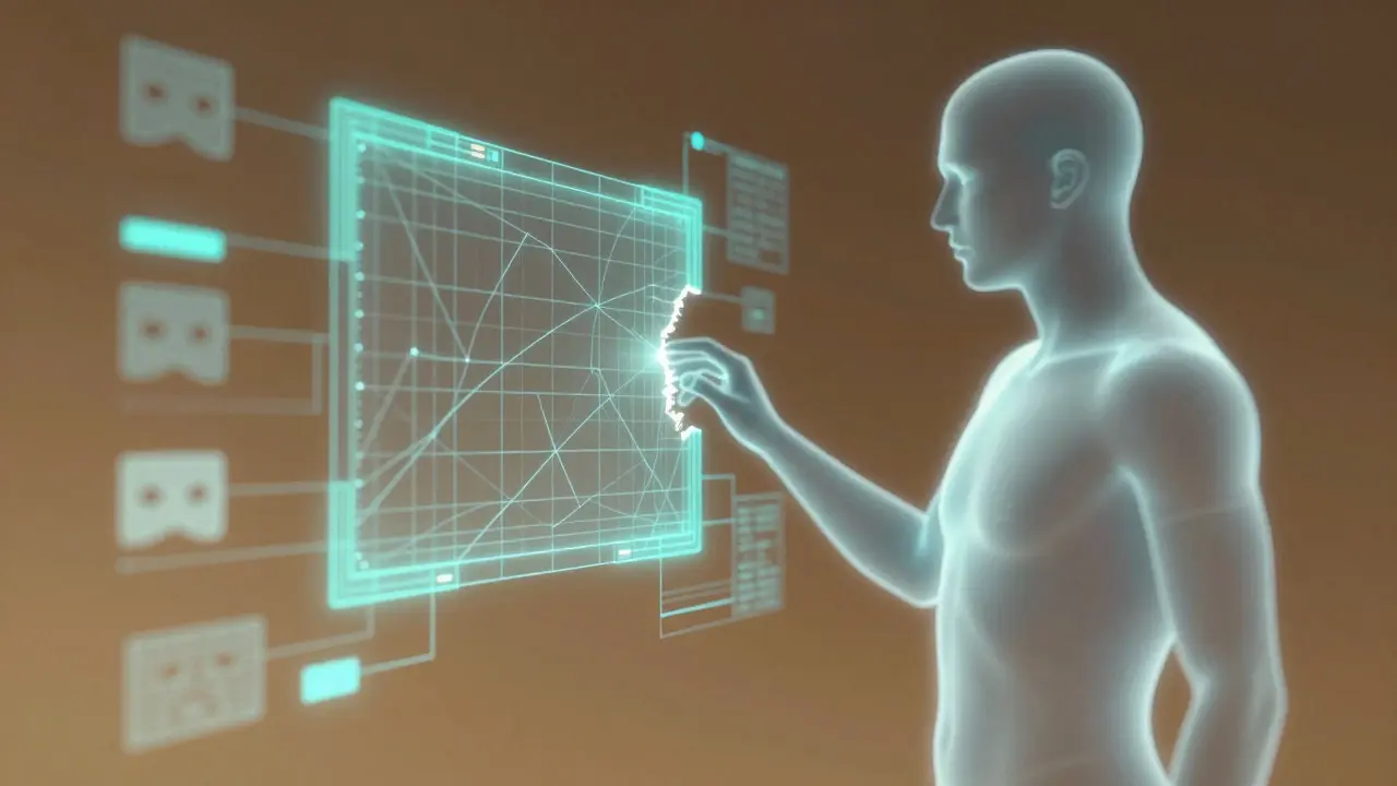 Abstract digital art showing a human artist refining an AI-generated wireframe visual effect
