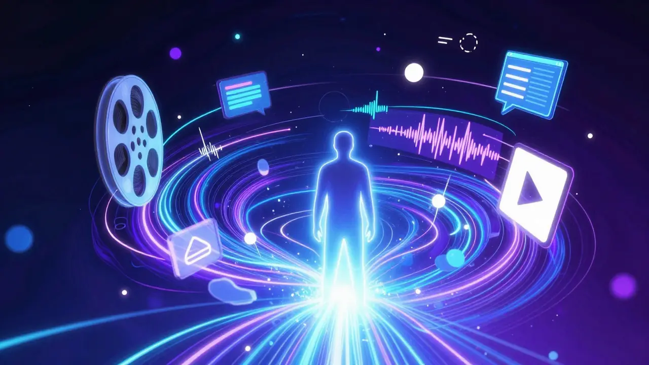 Abstract digital art showing a person surrounded by flowing light patterns representing data and media.