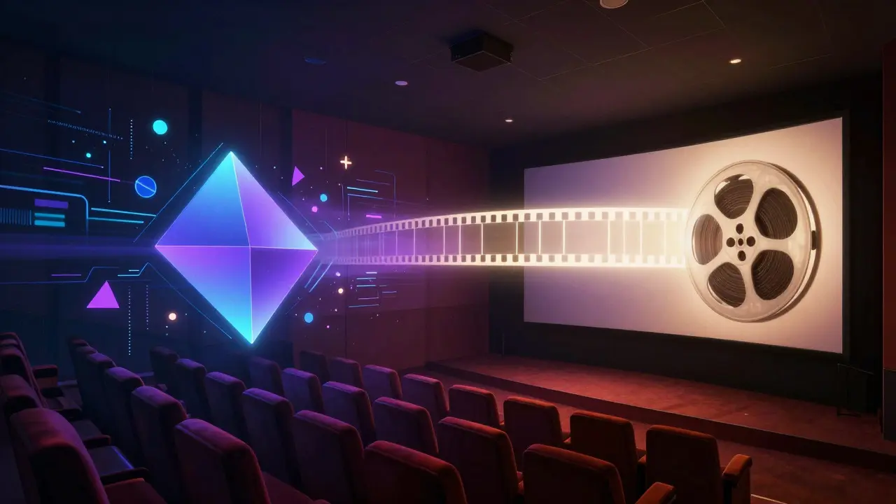Abstract digital art showing the connection between streaming platforms and physical theaters