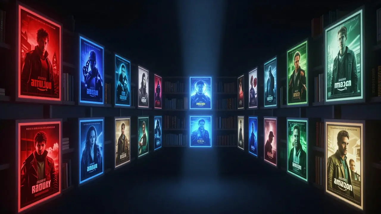 Abstract digital library of glowing movie frames representing diverse genres