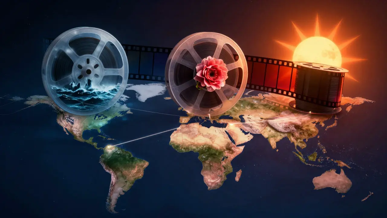 Abstract film reel connecting global locations with emotional imagery like storms and flowers, representing universal themes.