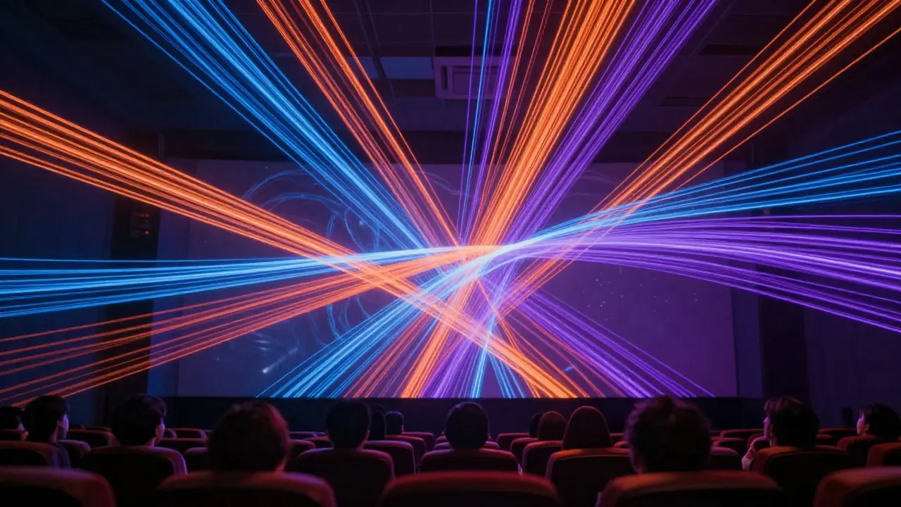 Abstract glowing lines merging above a theater audience