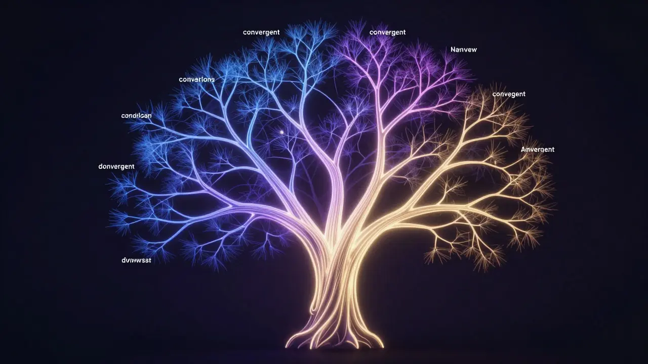 Abstract glowing tree structure showing branching narrative paths converging in a dark space