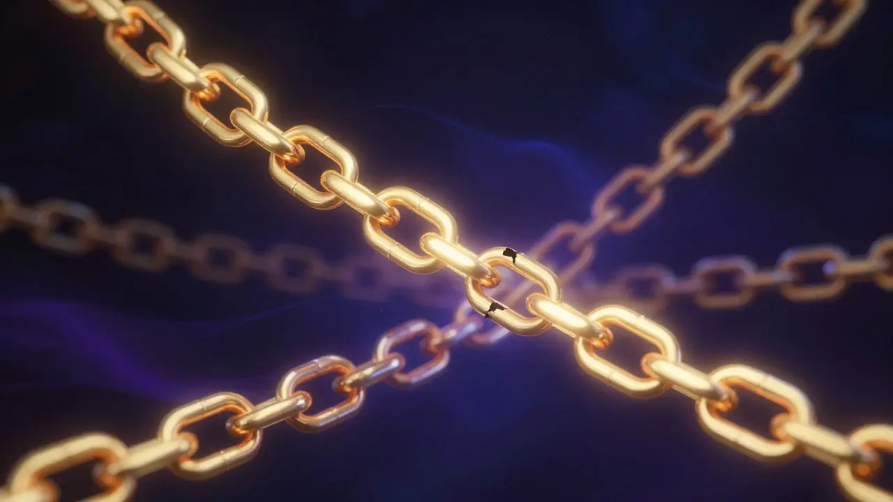 Abstract golden chain links floating in a dark space