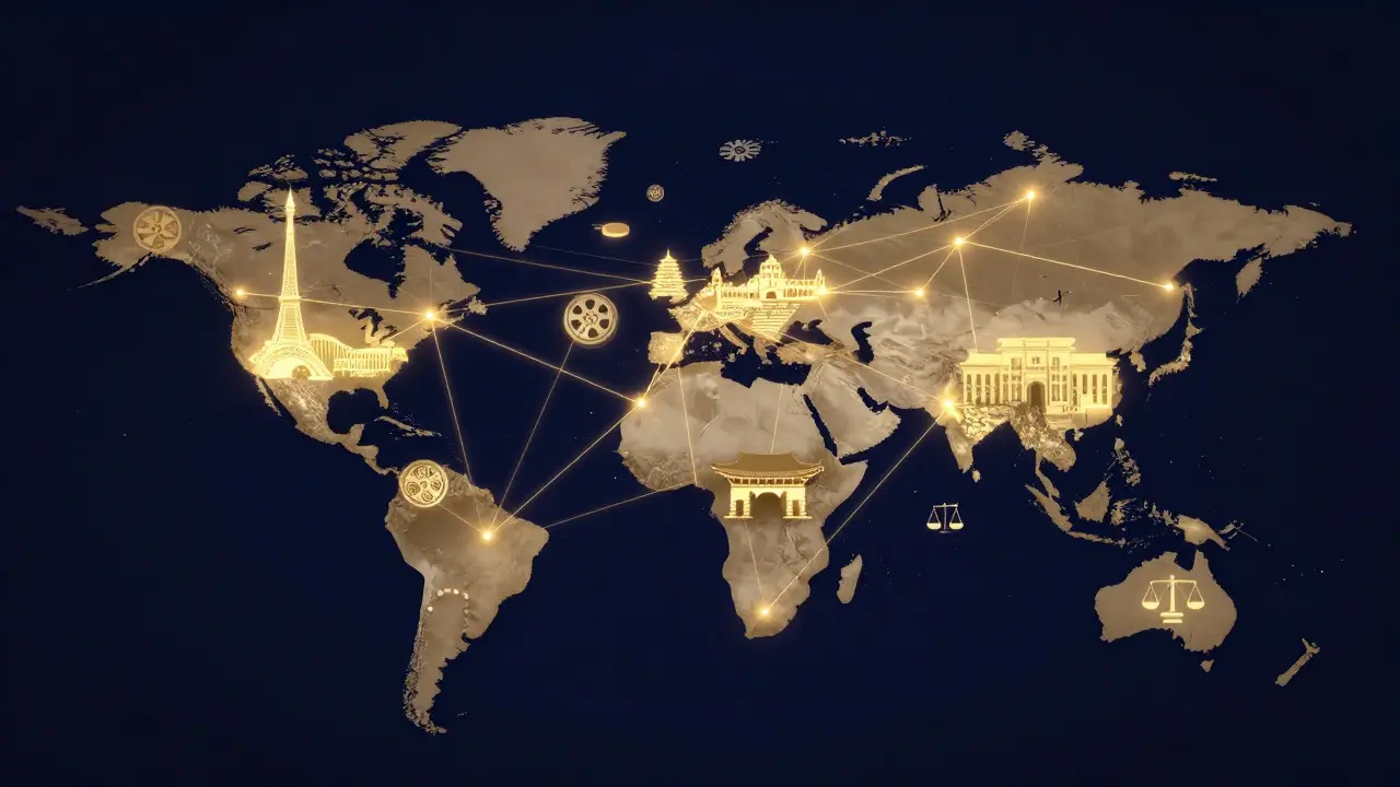 Abstract golden network connecting architectural silhouettes representing international film partnerships
