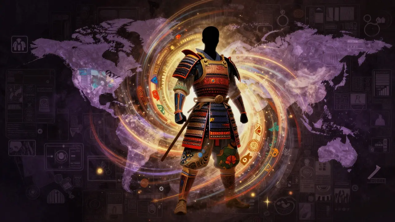 Abstract hero figure formed by swirling global cultural artistic patterns