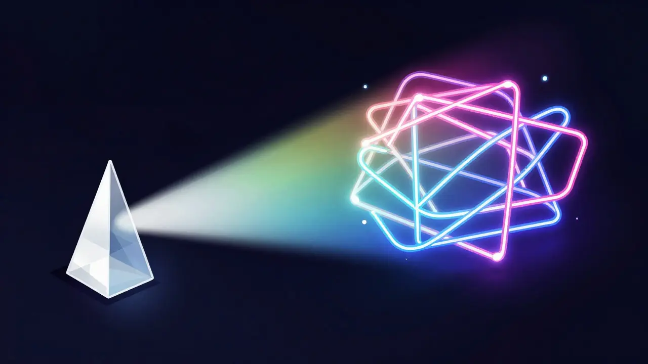 Abstract illustration contrasting a single light prism with a glowing network web