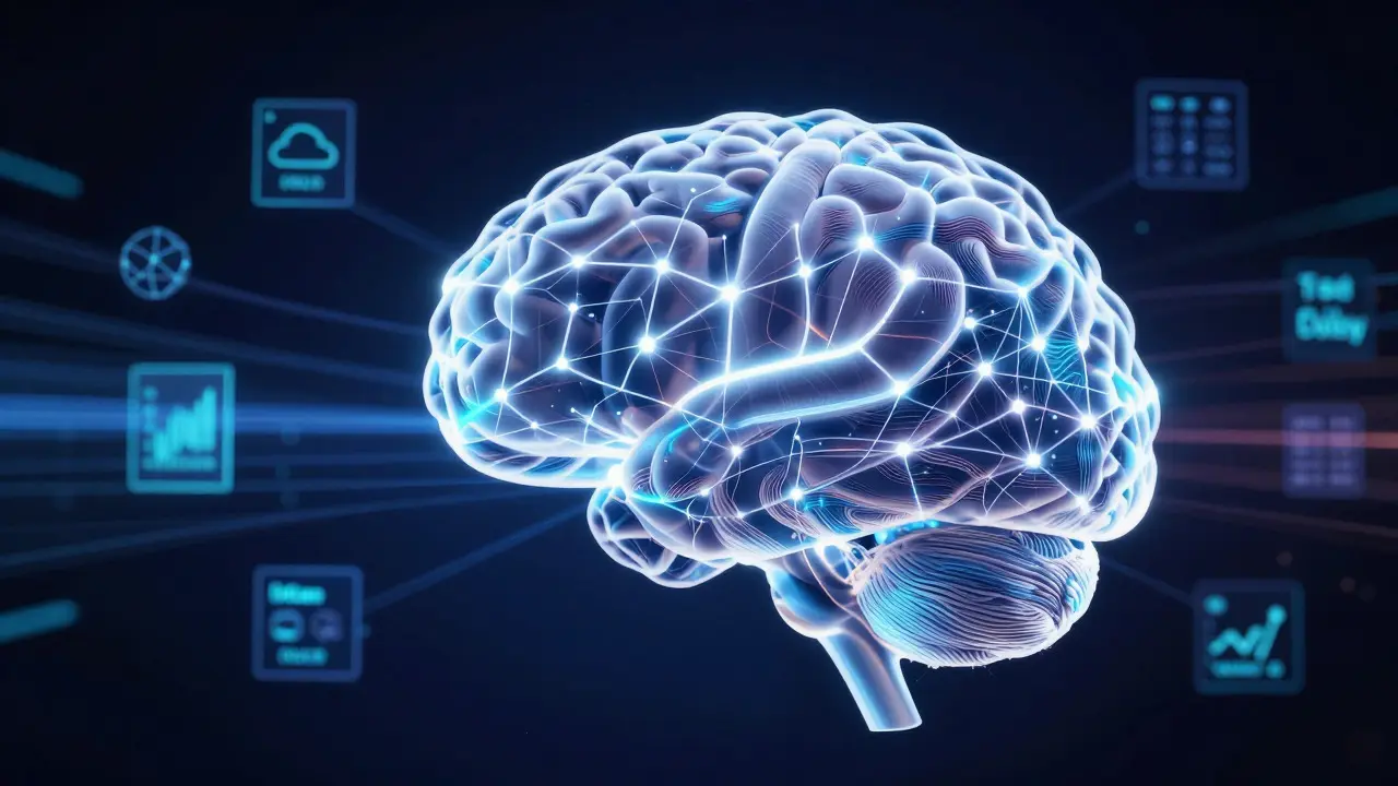 Abstract illustration of a brain connected to glowing data networks