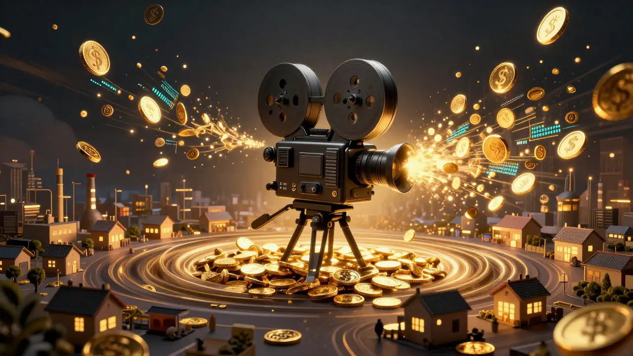 Abstract illustration of a camera lens emitting golden coins into a town