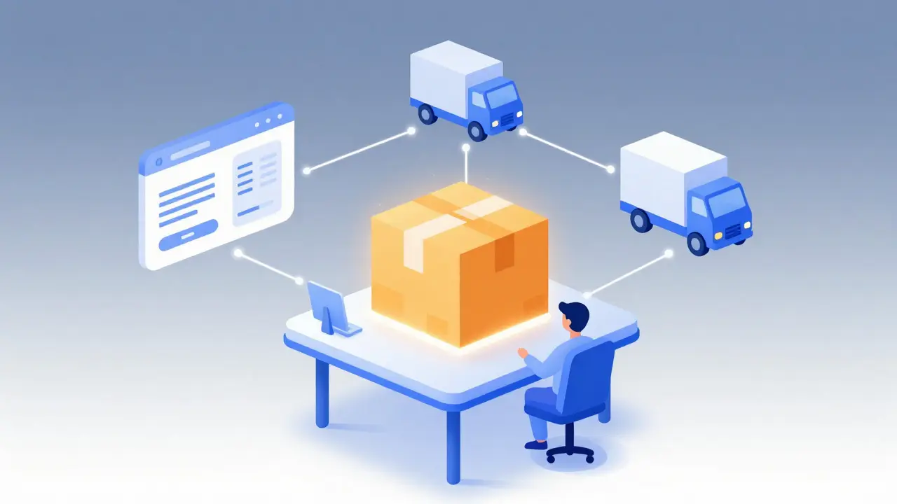Abstract illustration of a digital supply chain connecting a package to customers