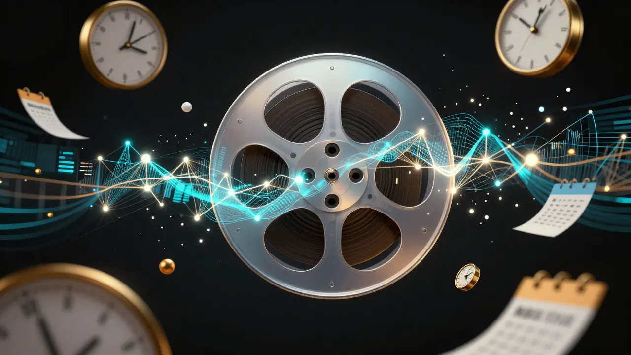 Abstract illustration of a film reel merging with digital data networks and clocks