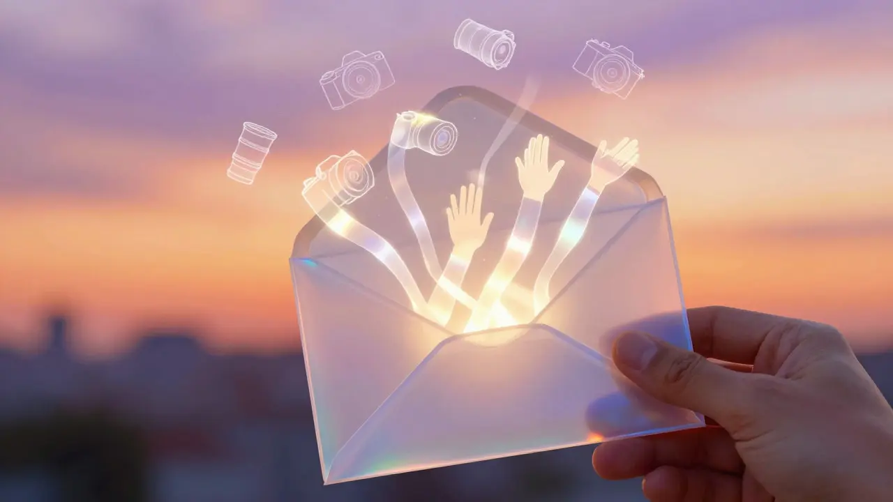 Abstract illustration of a hand holding a glowing envelope with light ribbons inside