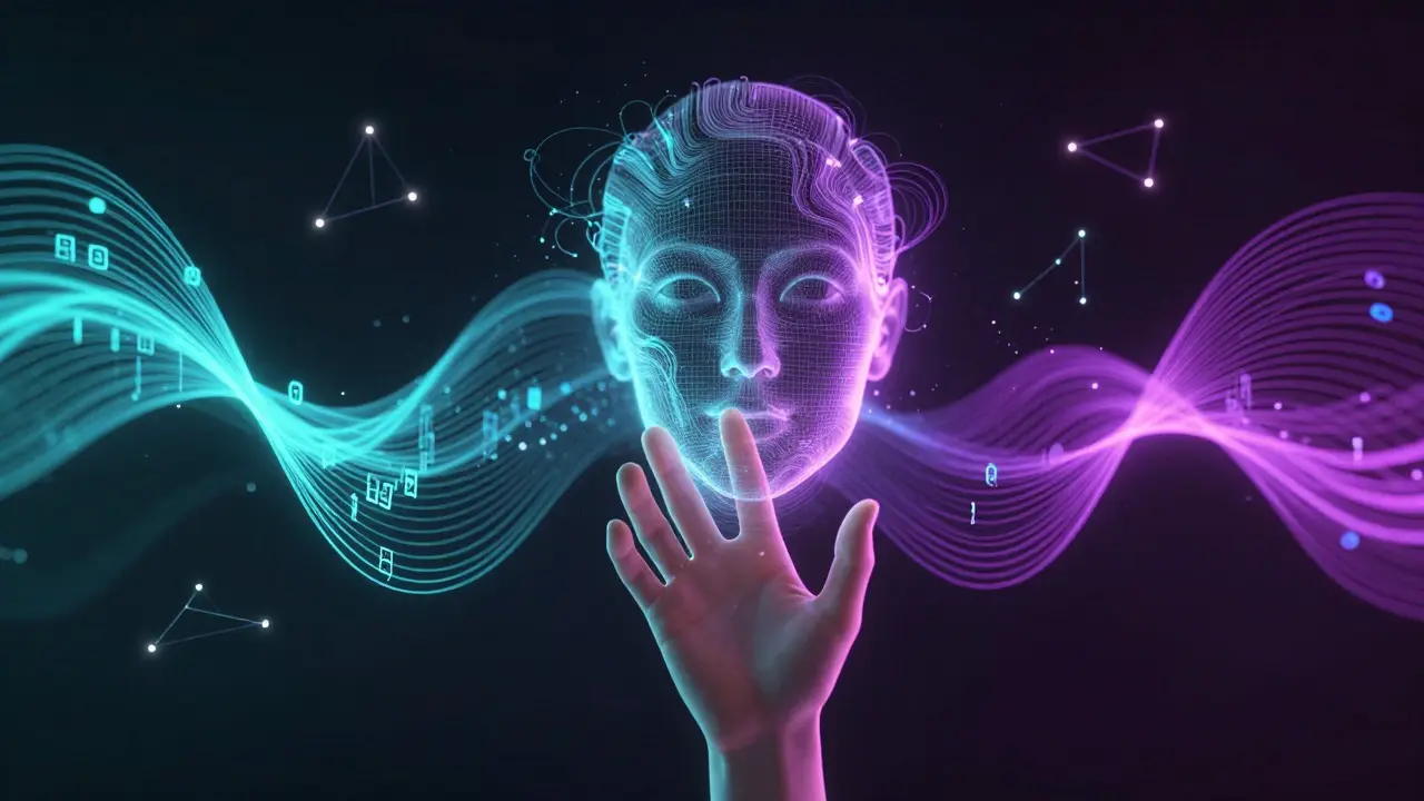 Abstract illustration of a hand touching a face made of light and data streams