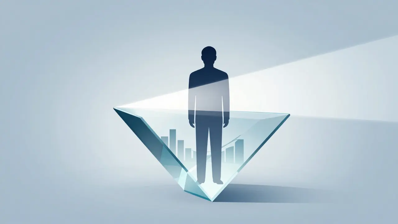 Abstract illustration of a person inside a glass prism refracting light to show transparency