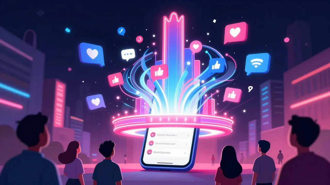 Abstract illustration of a phone creating viral buzz that forms a movie theater structure