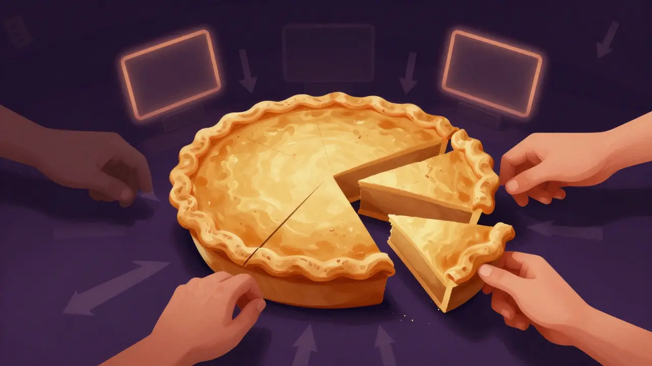 Abstract illustration of a pie chart being sliced with floating data points