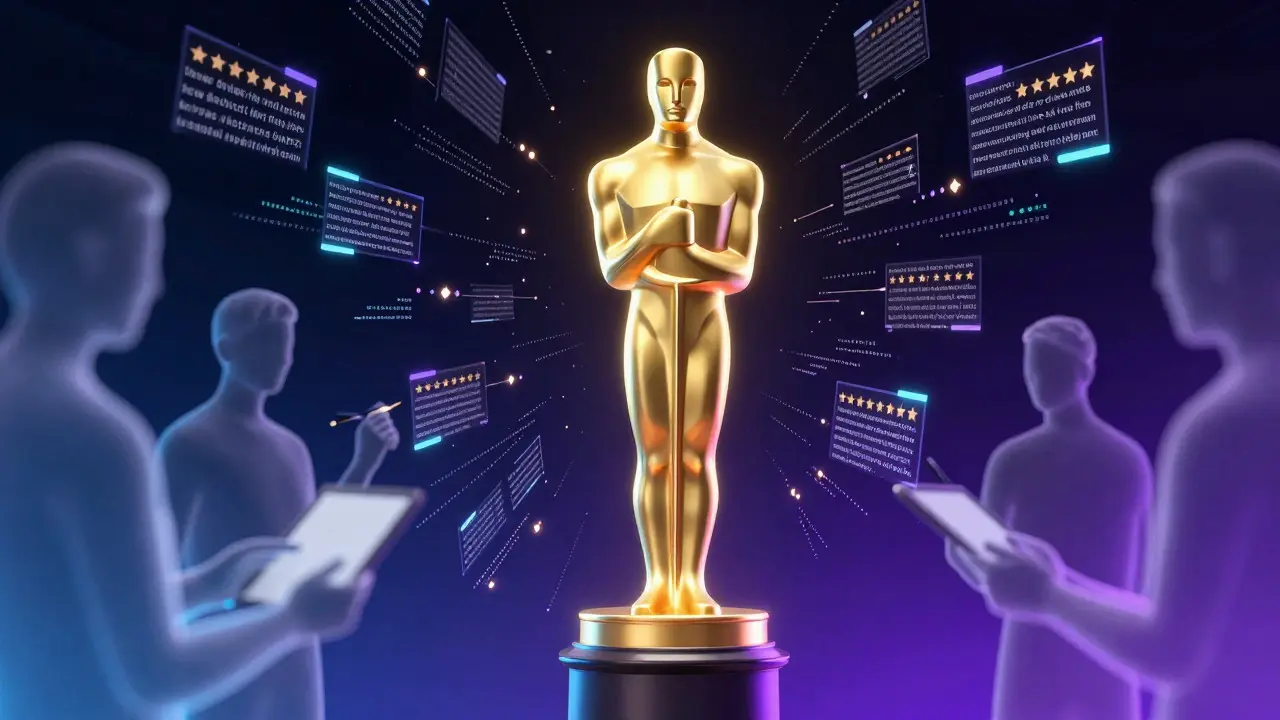 Abstract illustration of an Oscar statuette formed by floating review fragments and critic figures