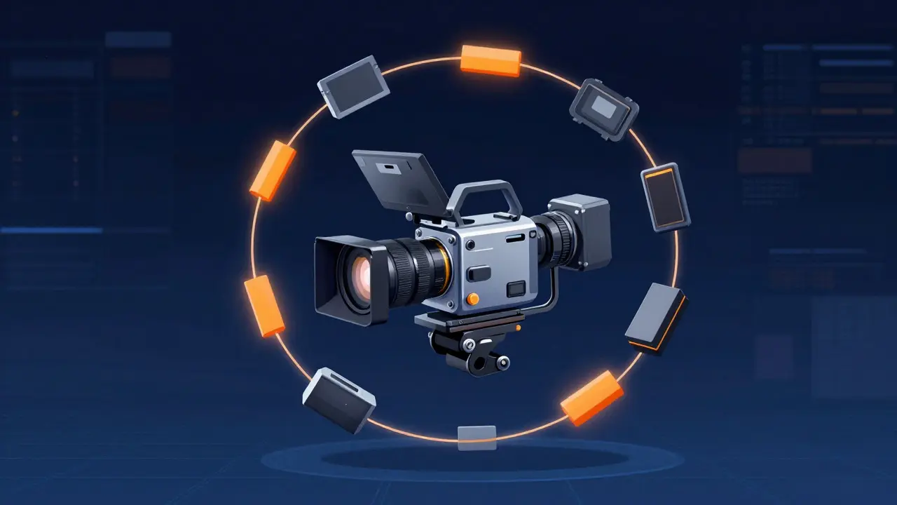 Abstract illustration of camera components connecting to form a unified bundle concept.