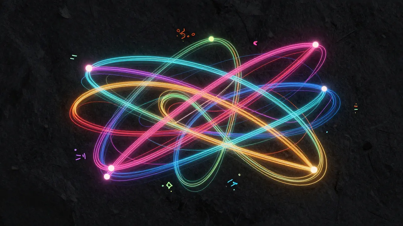 Abstract illustration of colorful interconnected lines representing character arcs