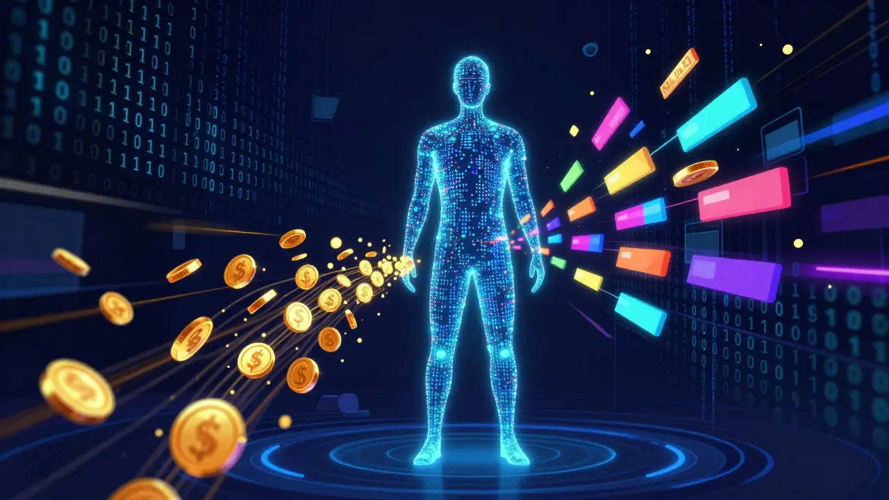 Abstract illustration of data streams surrounding a human figure representing ad targeting