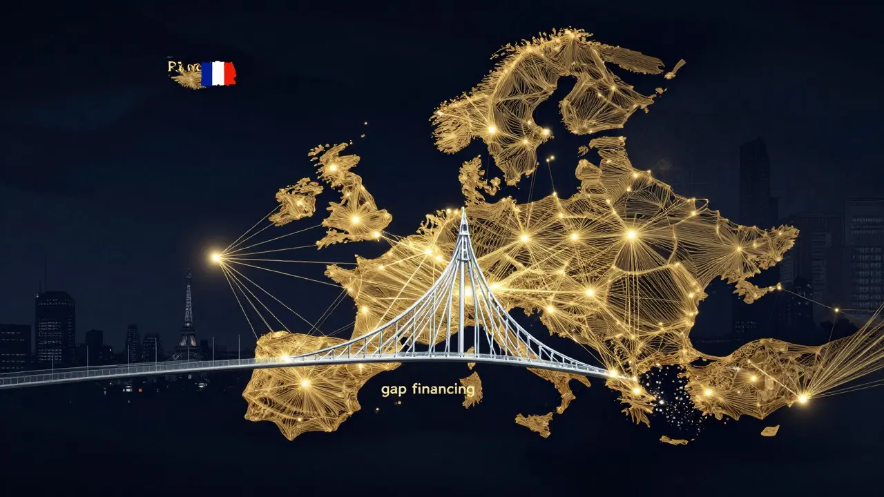 Abstract illustration of European funding networks forming a bridge over a dark map
