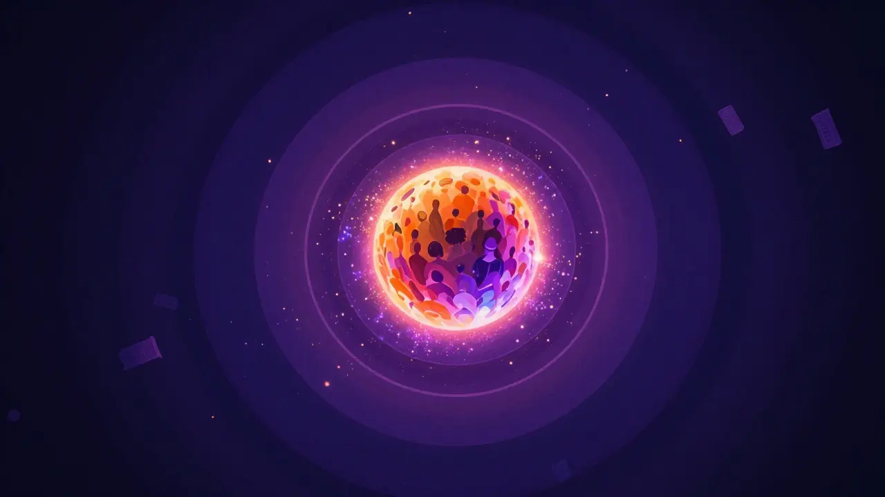 Abstract illustration of expanding circles showing decreasing density of light particles