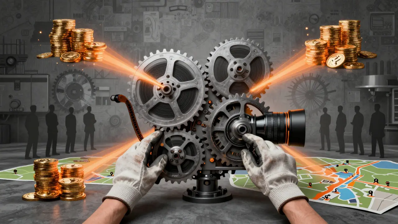 Abstract illustration of film production gears and resources