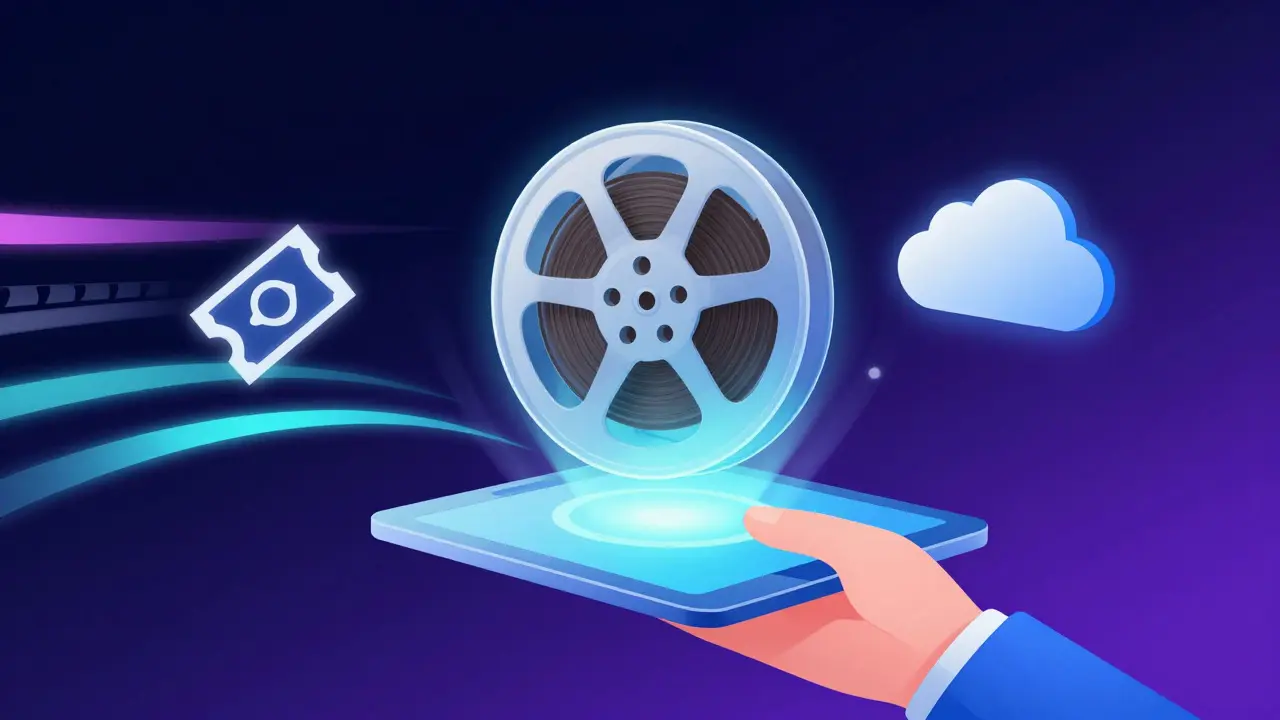 Abstract illustration of film reel transforming into digital device