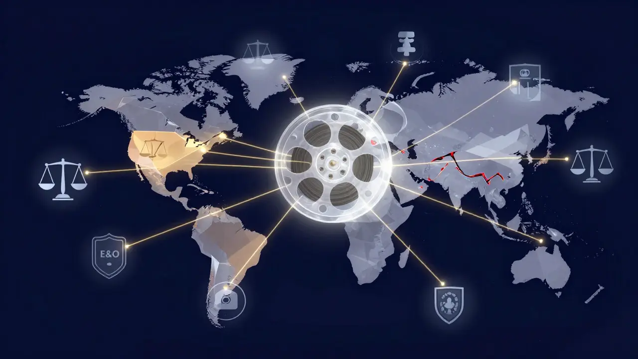 Abstract illustration of global film rights network with protective shield