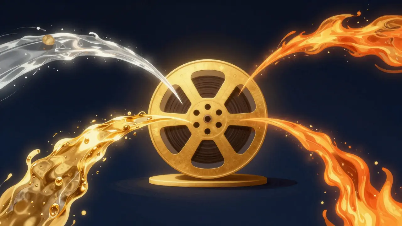 Abstract illustration of golden streams flowing into a central film reel