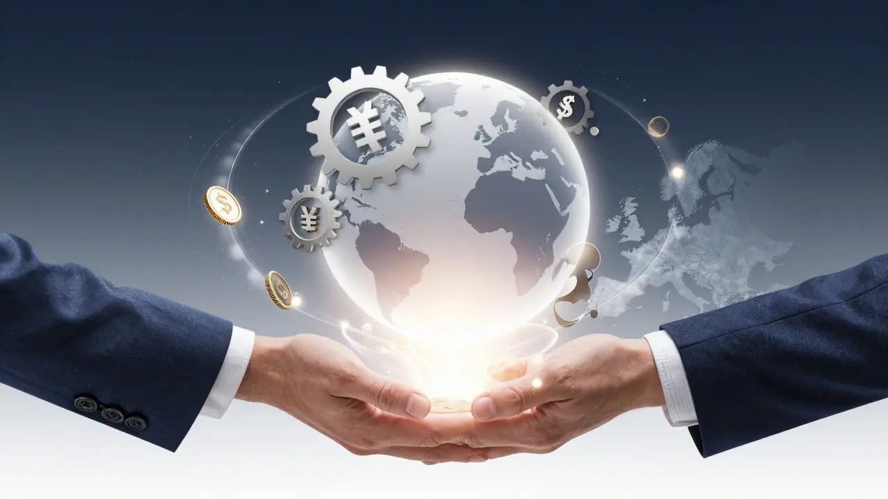 Abstract illustration of hands holding a globe of gears and currency
