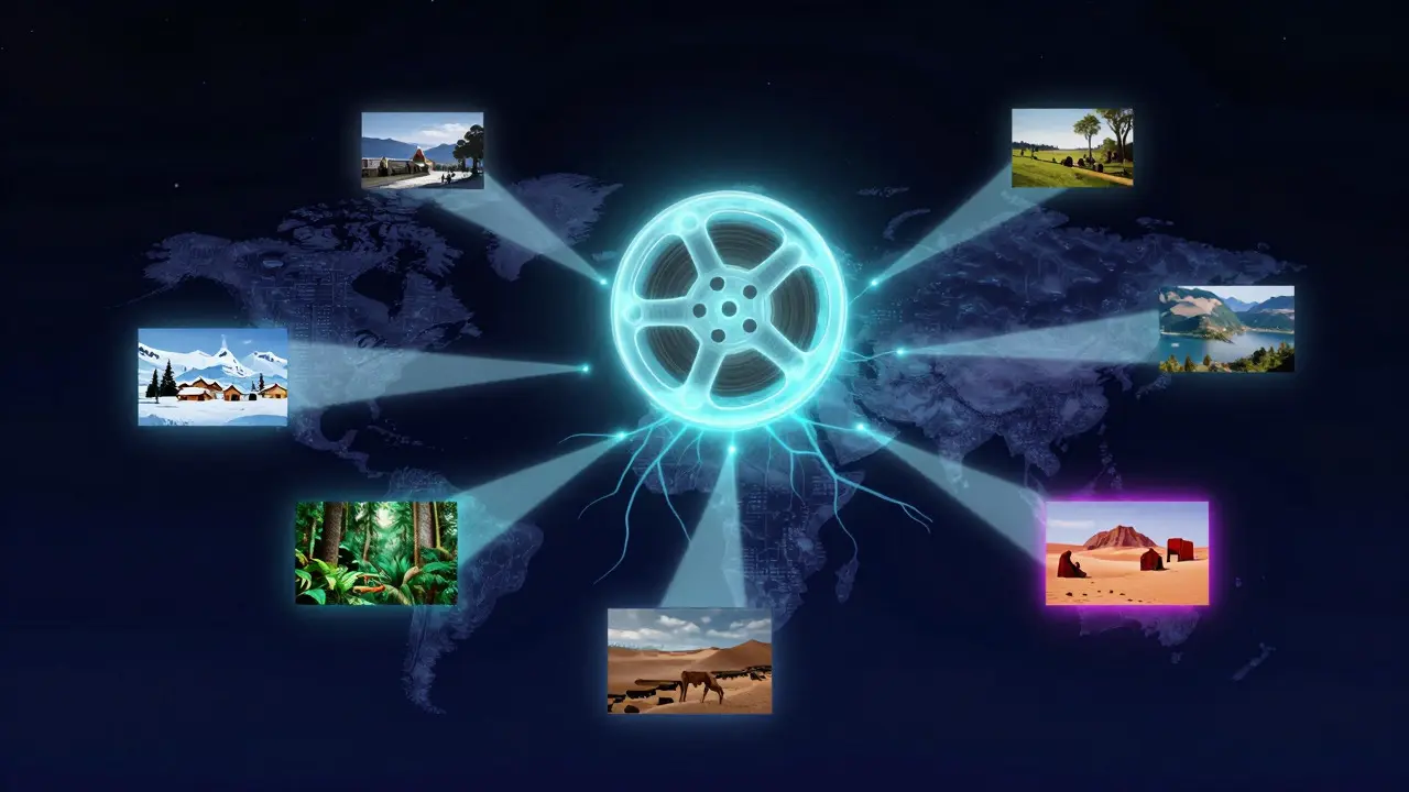 Abstract illustration of light beams connecting global locations via a central film reel
