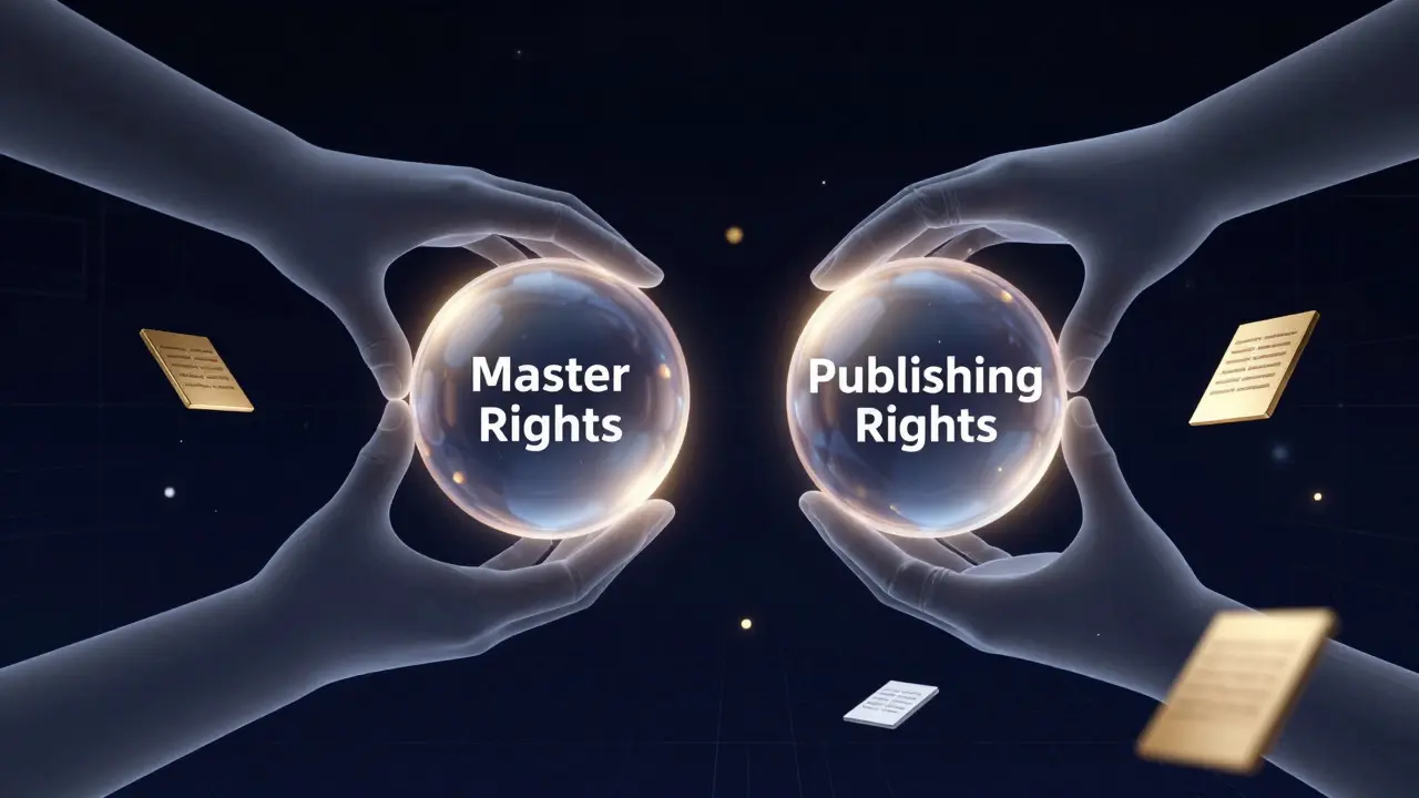 Abstract illustration of musical rights spheres being aligned by hands