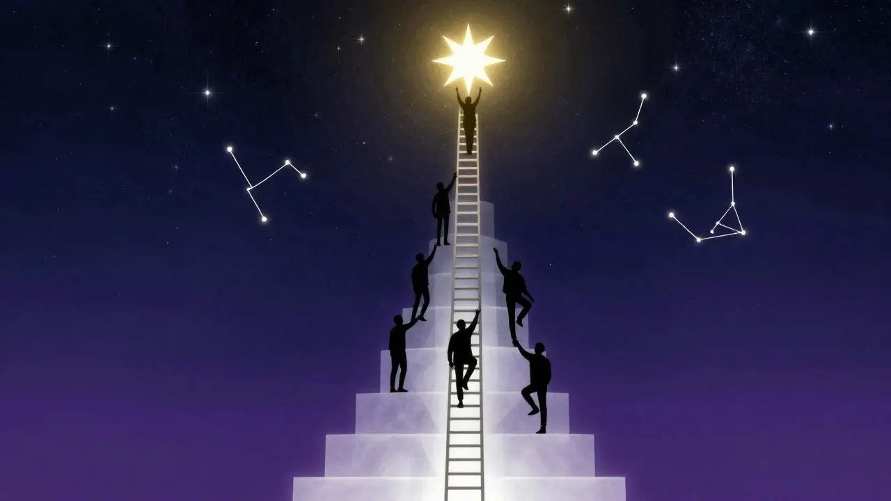 Abstract illustration of people climbing a glowing ladder towards stars