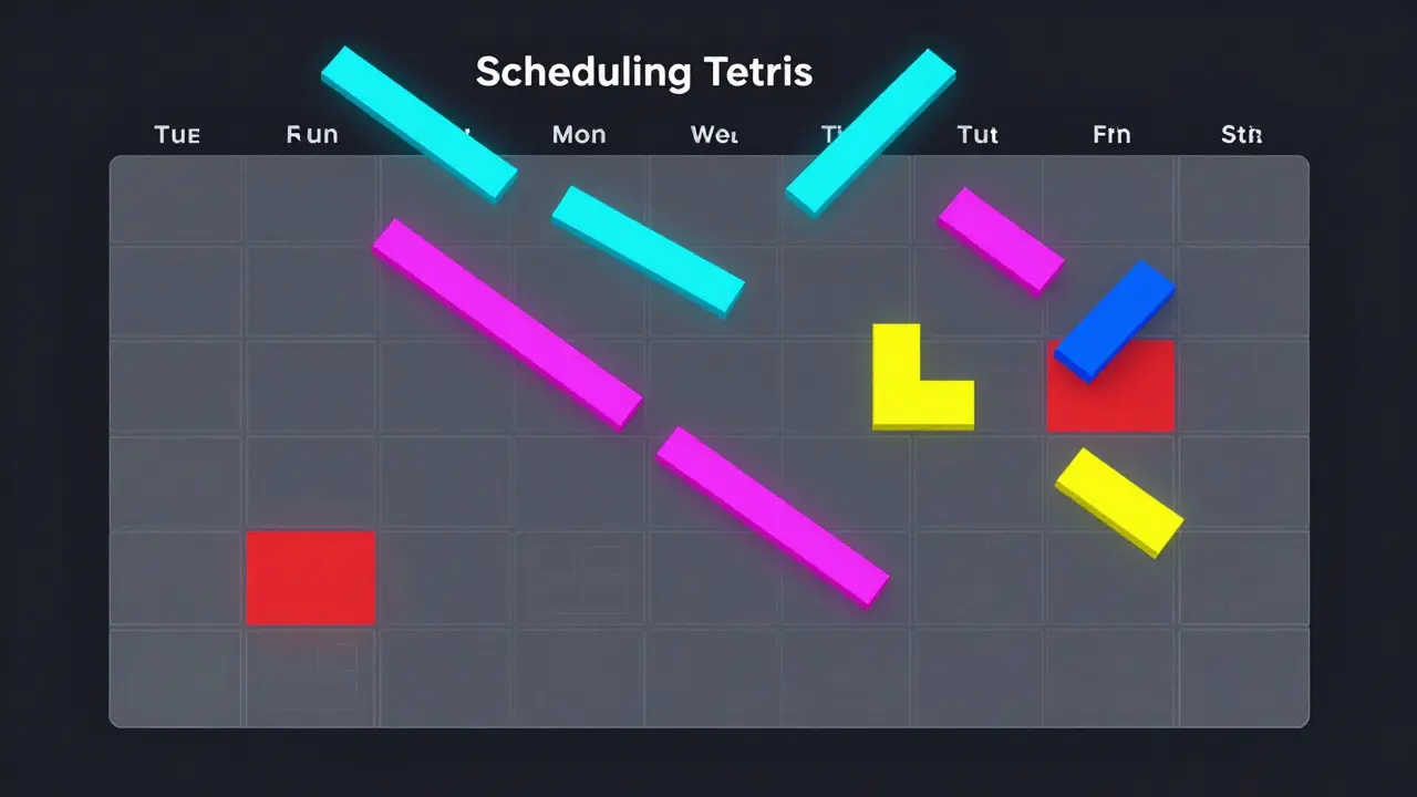 Abstract illustration of Tetris-like blocks representing actor schedules on a calendar