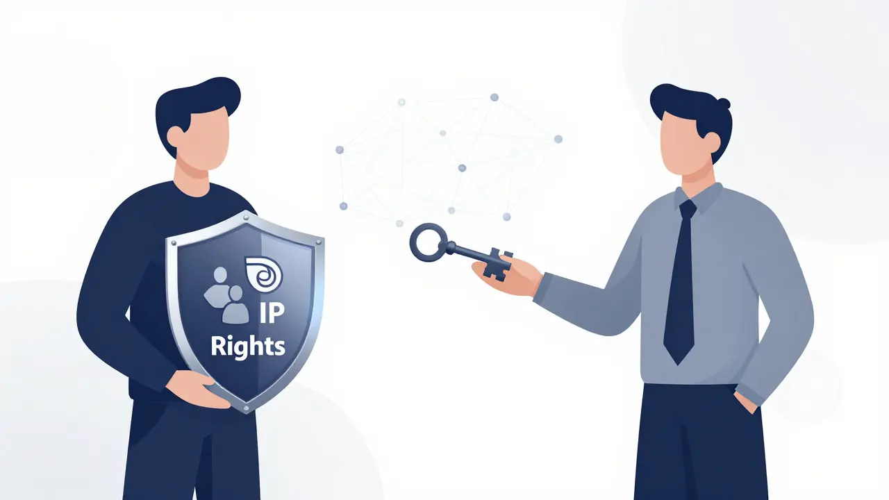 Abstract illustration of two figures negotiating legal rights and intellectual property