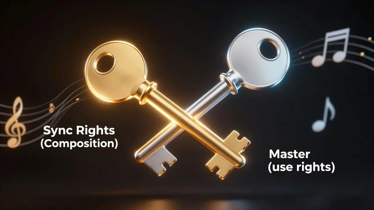 Abstract illustration of two glowing keys representing dual music copyrights