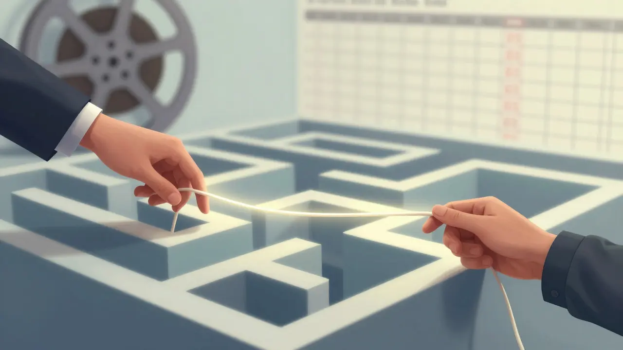 Abstract illustration of two hands guiding a light thread through a complex maze