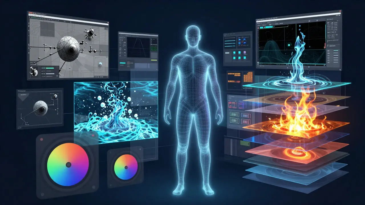 Abstract illustration of VFX layers including wireframes, particles, and color wheels